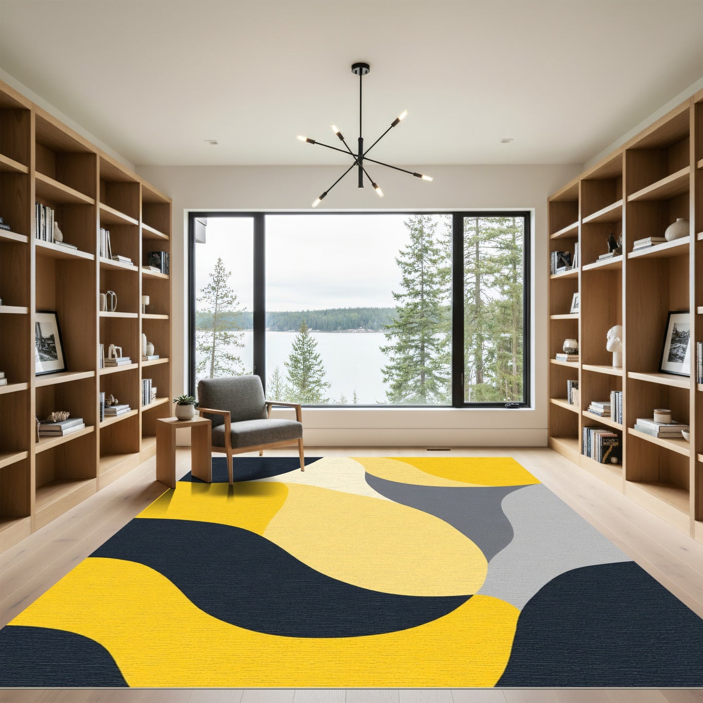 Abstract Yellow Gray Ochre Waves Rug