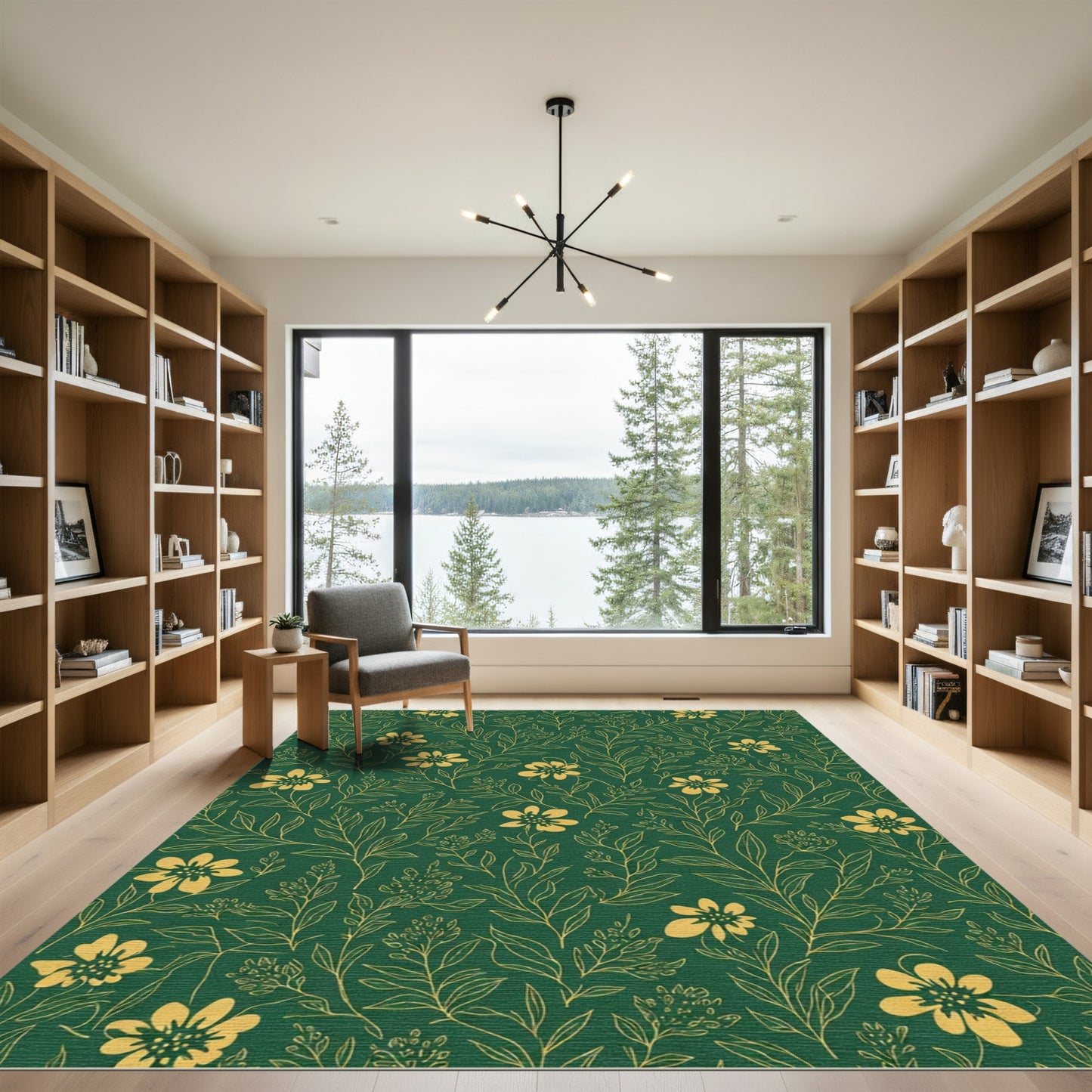 Emerald Green Gold Floral Vine Rug