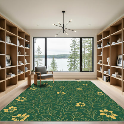 Emerald Green Gold Floral Vine Rug