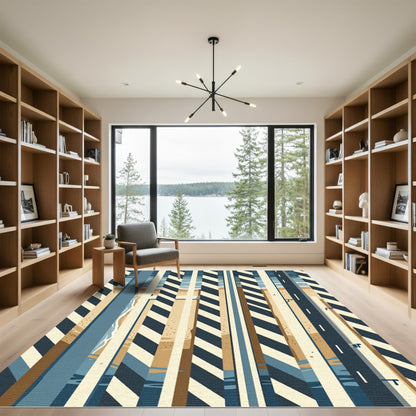 Abstract Coastal Stripe Geometric Sand Blue Rug