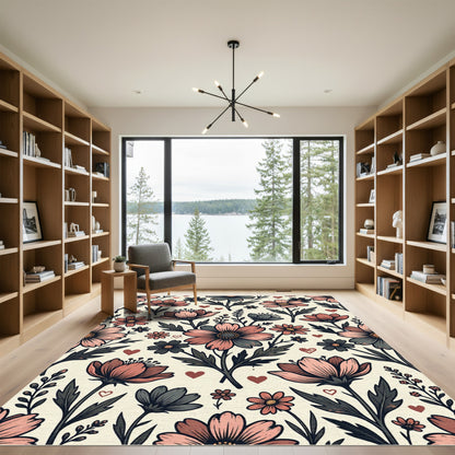 Blush Pink Botanical Wildflower Hearts Rug