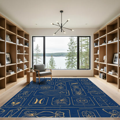 Navy Gold Art Deco Botanical Medallions Rug