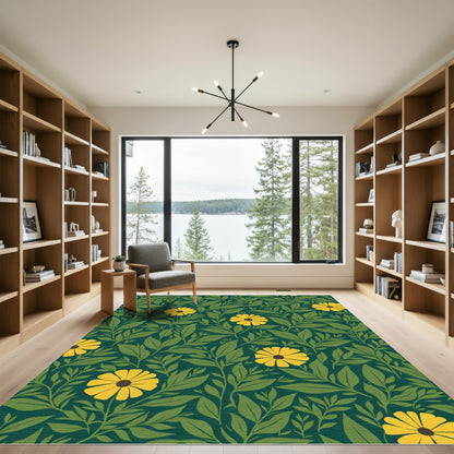 Emerald Green Yellow Floral Vine Rug