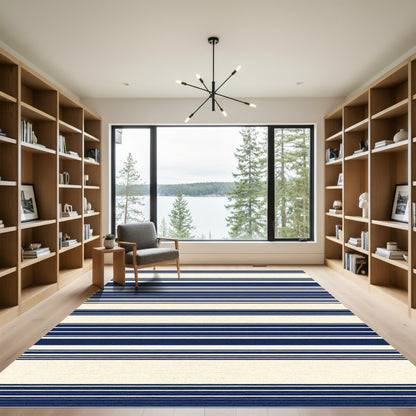 Navy Cream Horizontal Stripe Rug