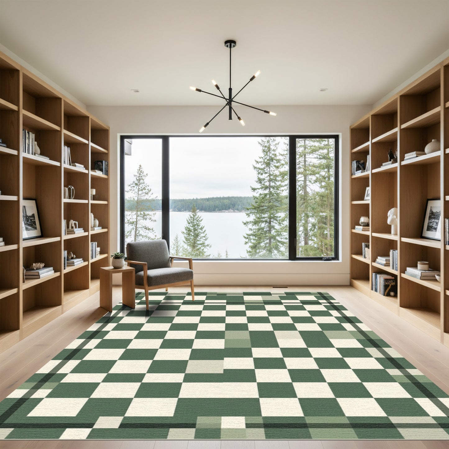 Sage Green and Cream Checkerboard Grid Rug