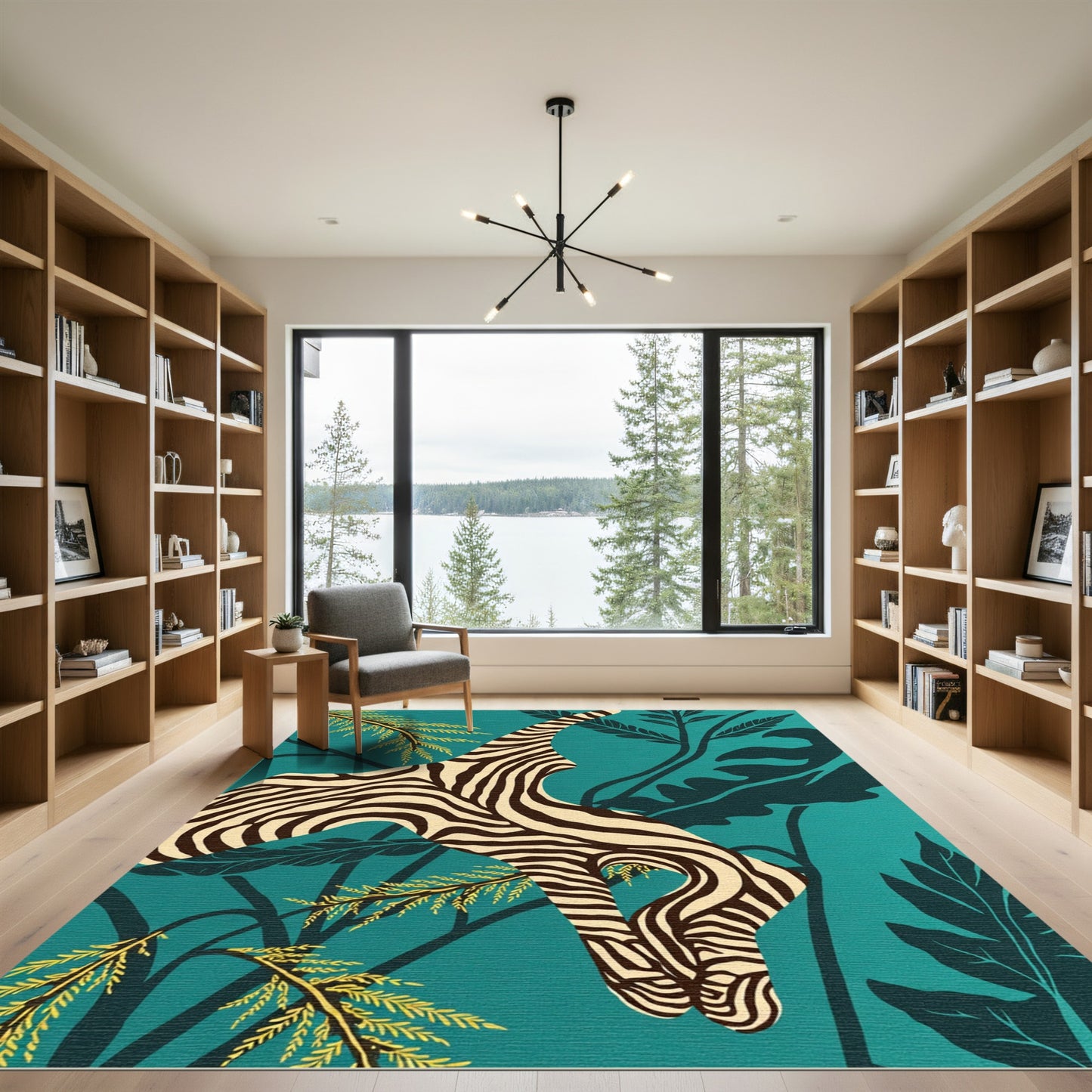 Zebra Stripes Tropical Foliage Teal Rug