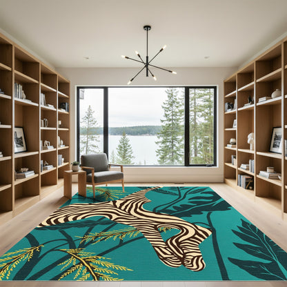 Zebra Stripes Tropical Foliage Teal Rug