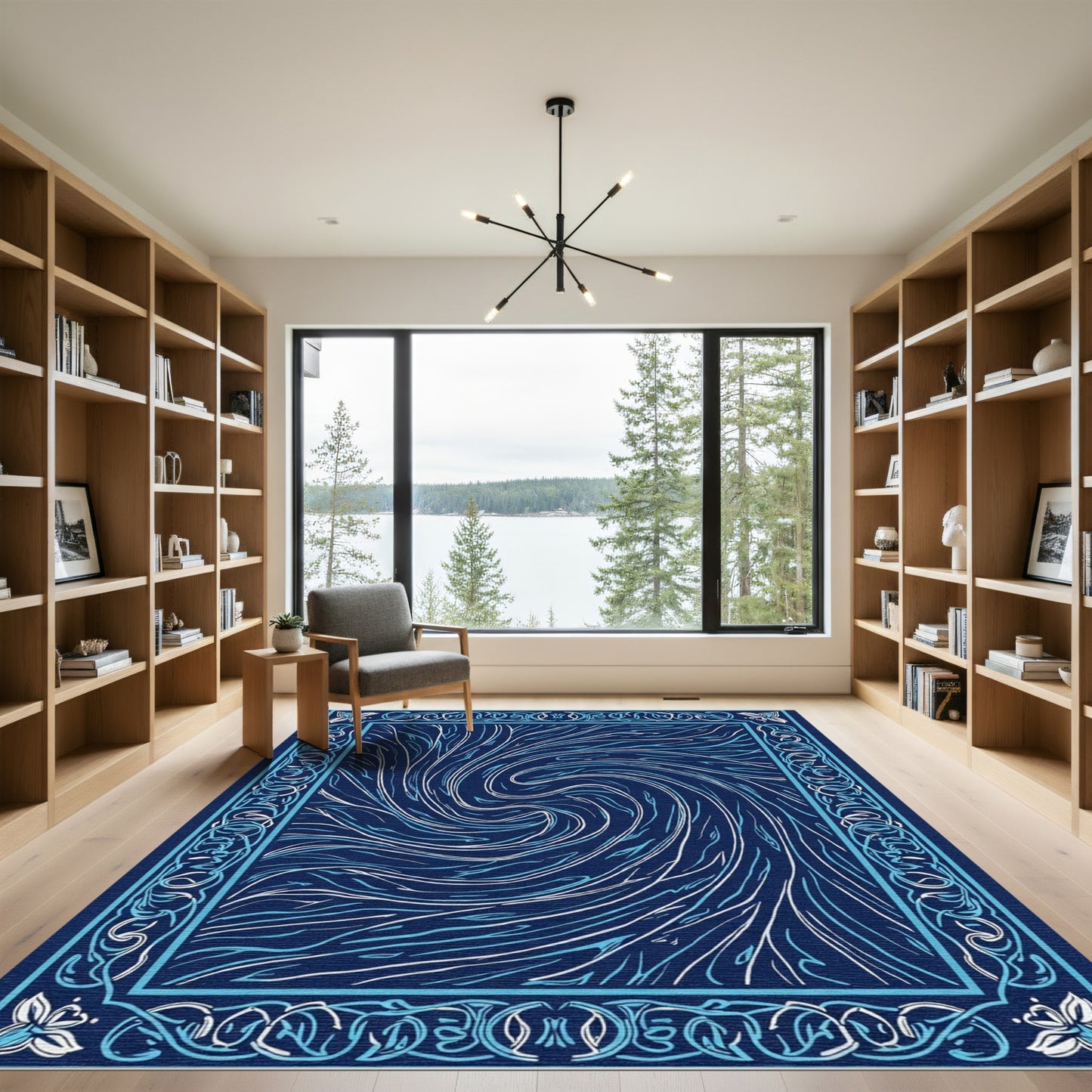 Dark Blue Swirling Abstract Border Rug