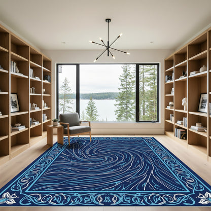 Dark Blue Swirling Abstract Border Rug