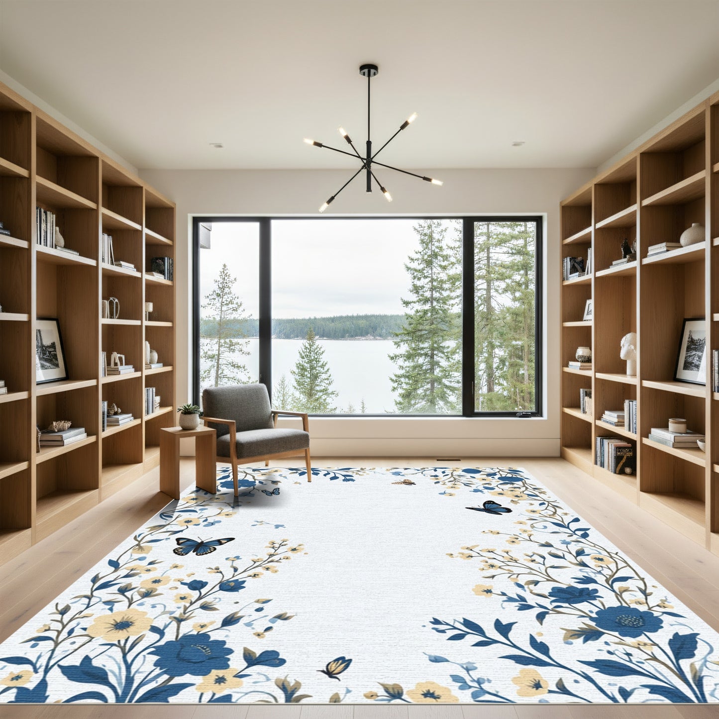 Blue Yellow Floral Butterfly Border Rug