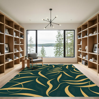 Deep Teal Gold Abstract Swirl Rug