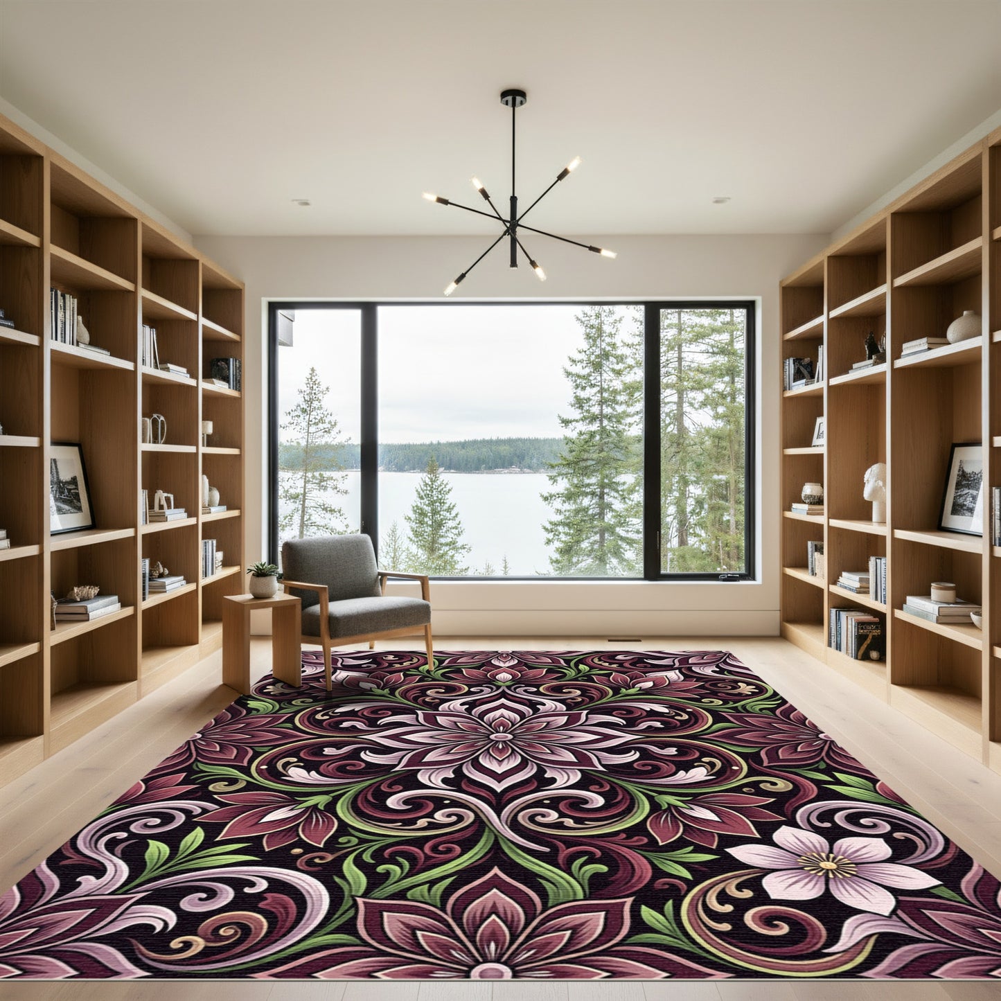Elegant Mauve Floral Damask Swirl Rug