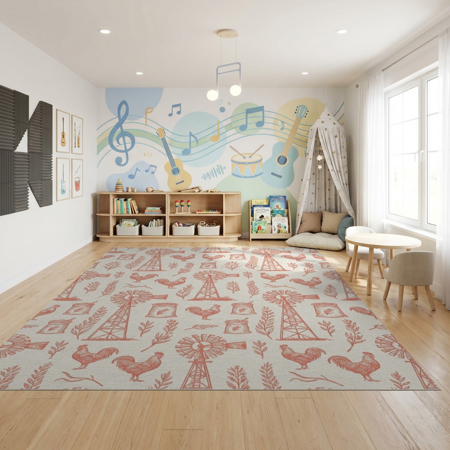 Rustic Windmill Rooster Wheat Farm Rug