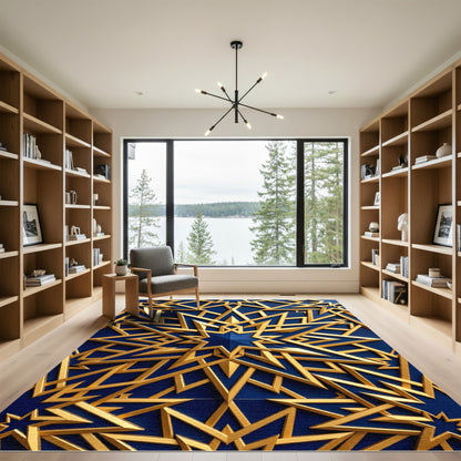Metallic Gold Celestial Star Geometric Navy Rug