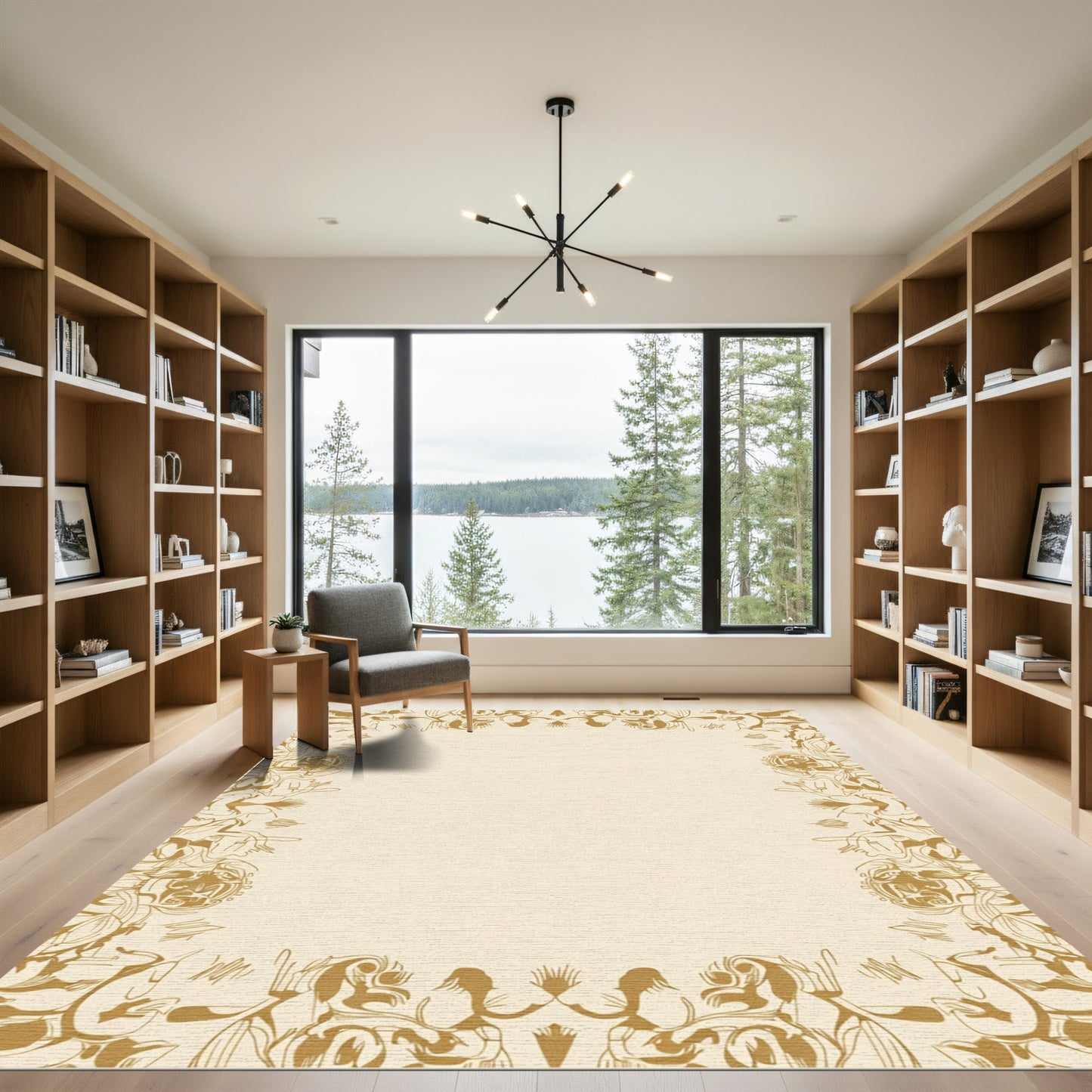 Golden Floral Border Frame Rug
