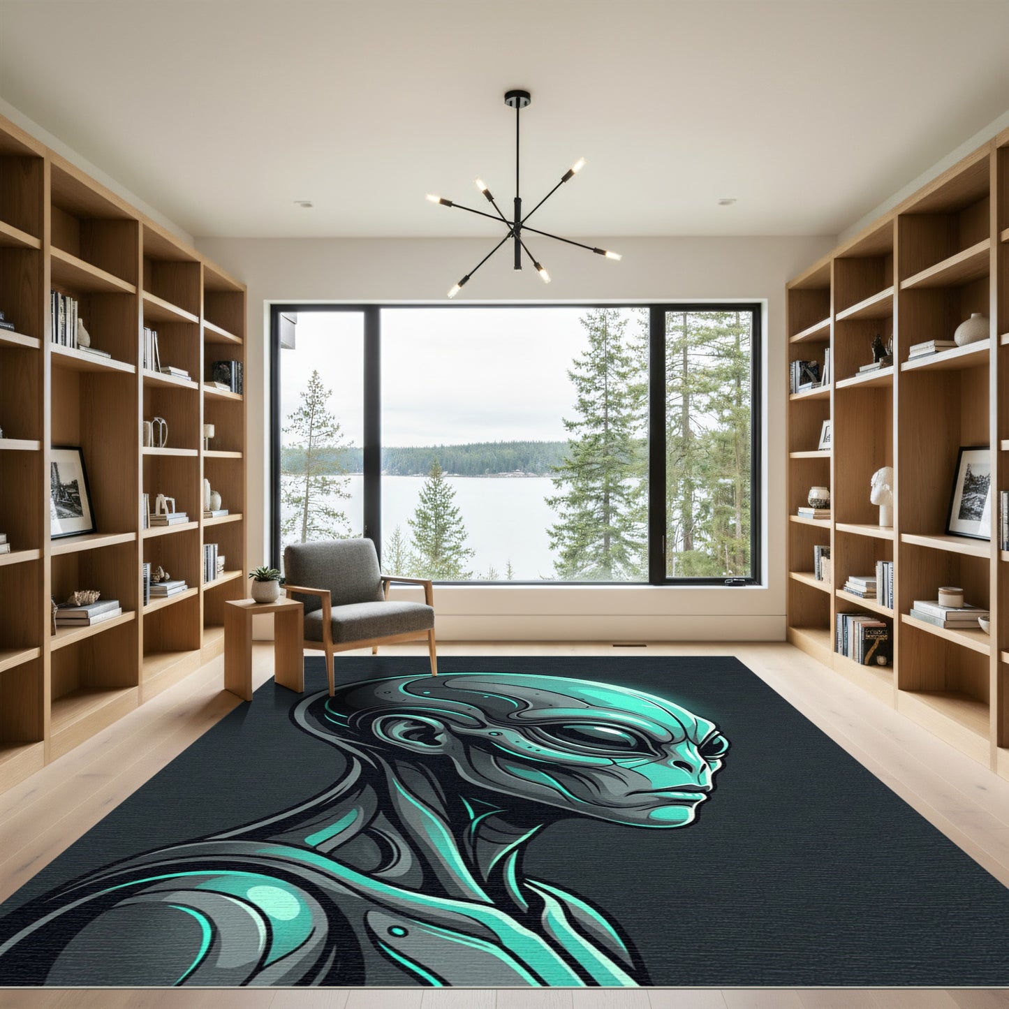 Futuristic Glow Alien Cyborg Portrait Rug