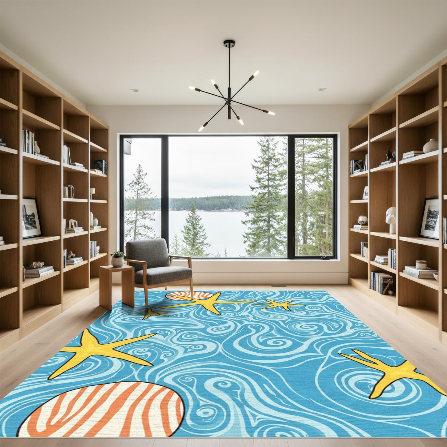 Yellow Starfish Blue Swirl Ocean Rug