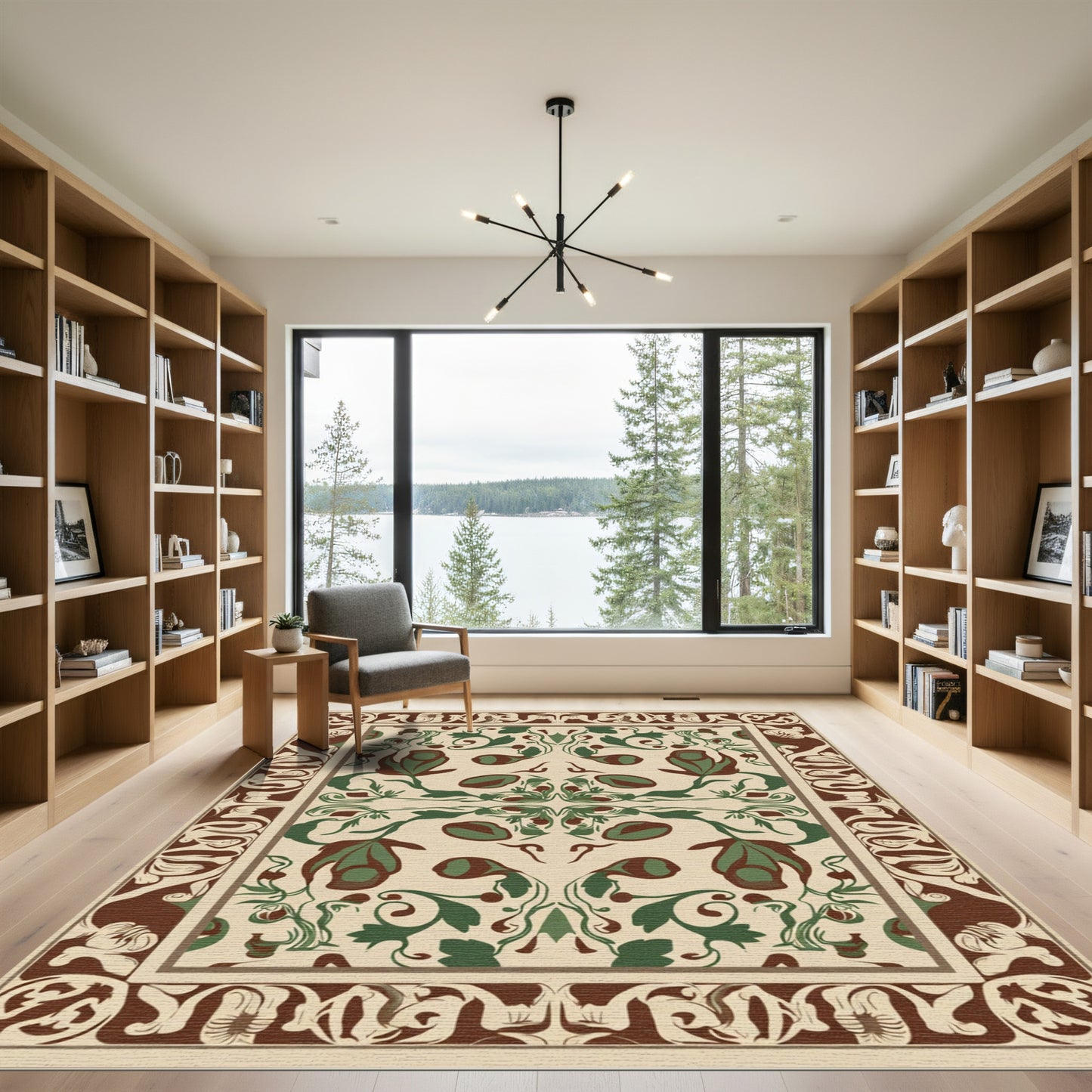 Victorian Brown Green Floral Border Rug