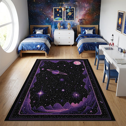 Cosmic Purple Starry Ringed Planet Rug