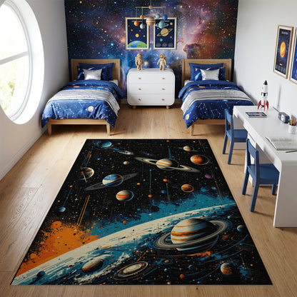 Vibrant Cosmic Ringed Planets Nebula Rug