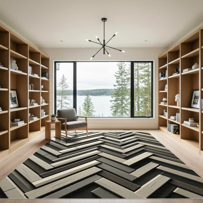 Neutral Herringbone Chevron Grey Wood Grain Rug