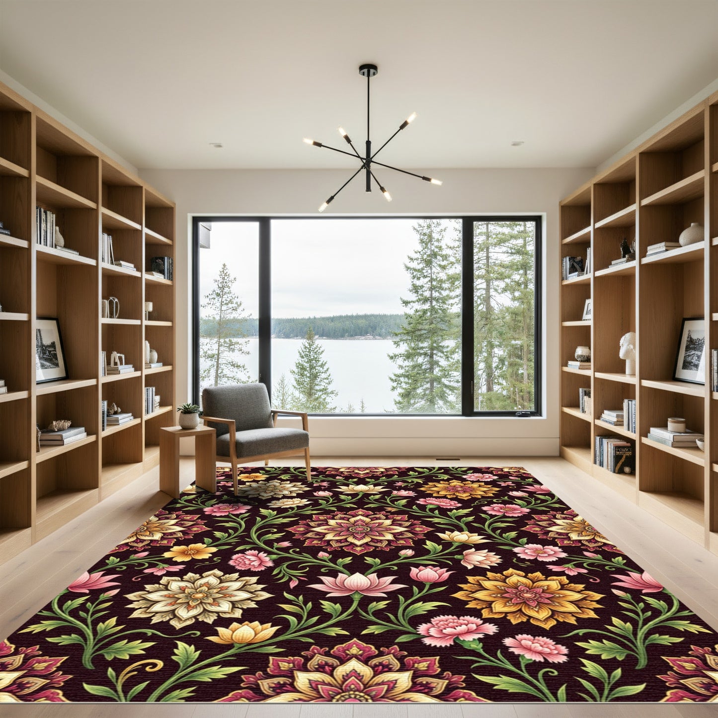 Elegant Golden Floral Symmetry Meadow Rug