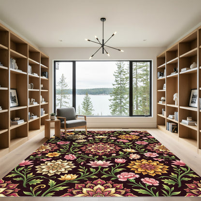 Elegant Golden Floral Symmetry Meadow Rug