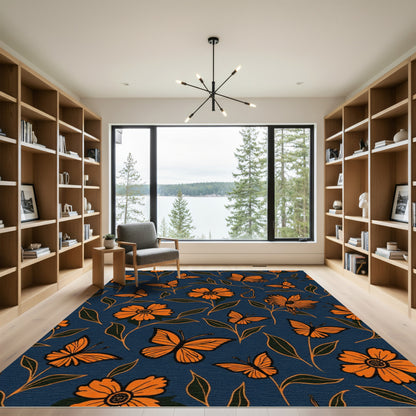 Vibrant Orange Butterflies Floral Navy Surface Rug