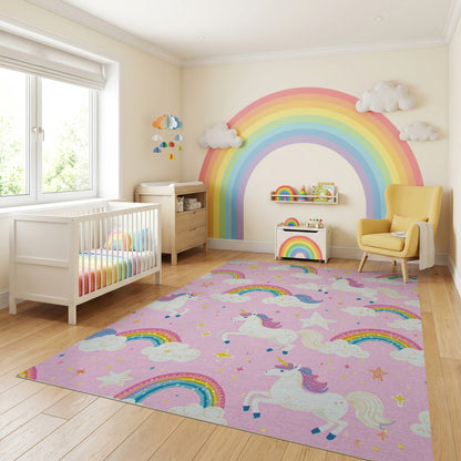 Whimsical Pink Unicorn Rainbow Stars Rug