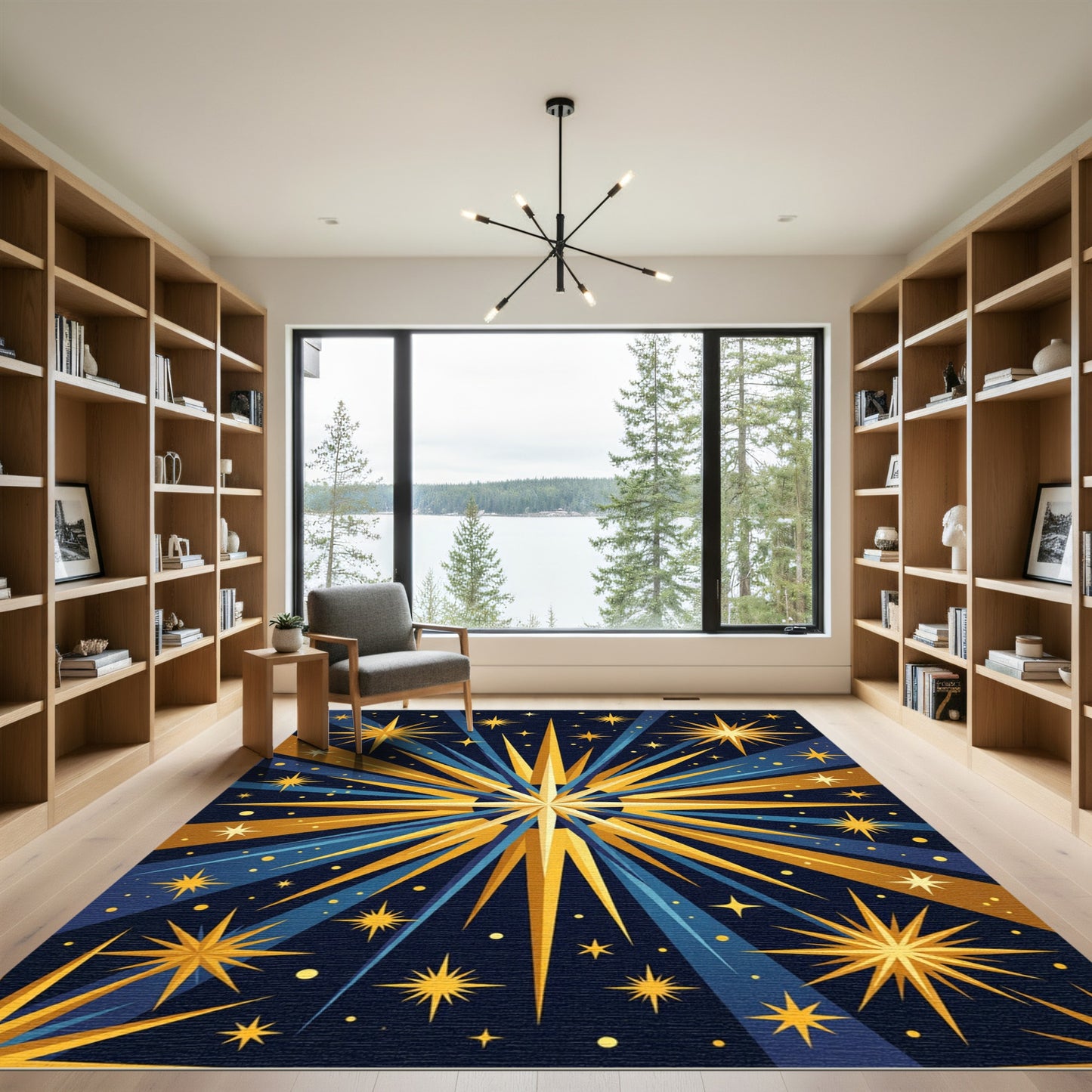 Golden Starburst Explosion Blue Rug