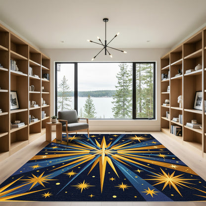 Golden Starburst Explosion Blue Rug