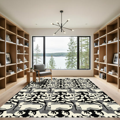 Ivory Black Abstract Figures Arrangement Rug