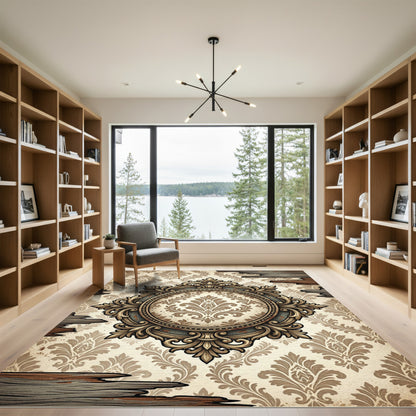 Ornate Damask Medallion Cream Gold Frame Rug