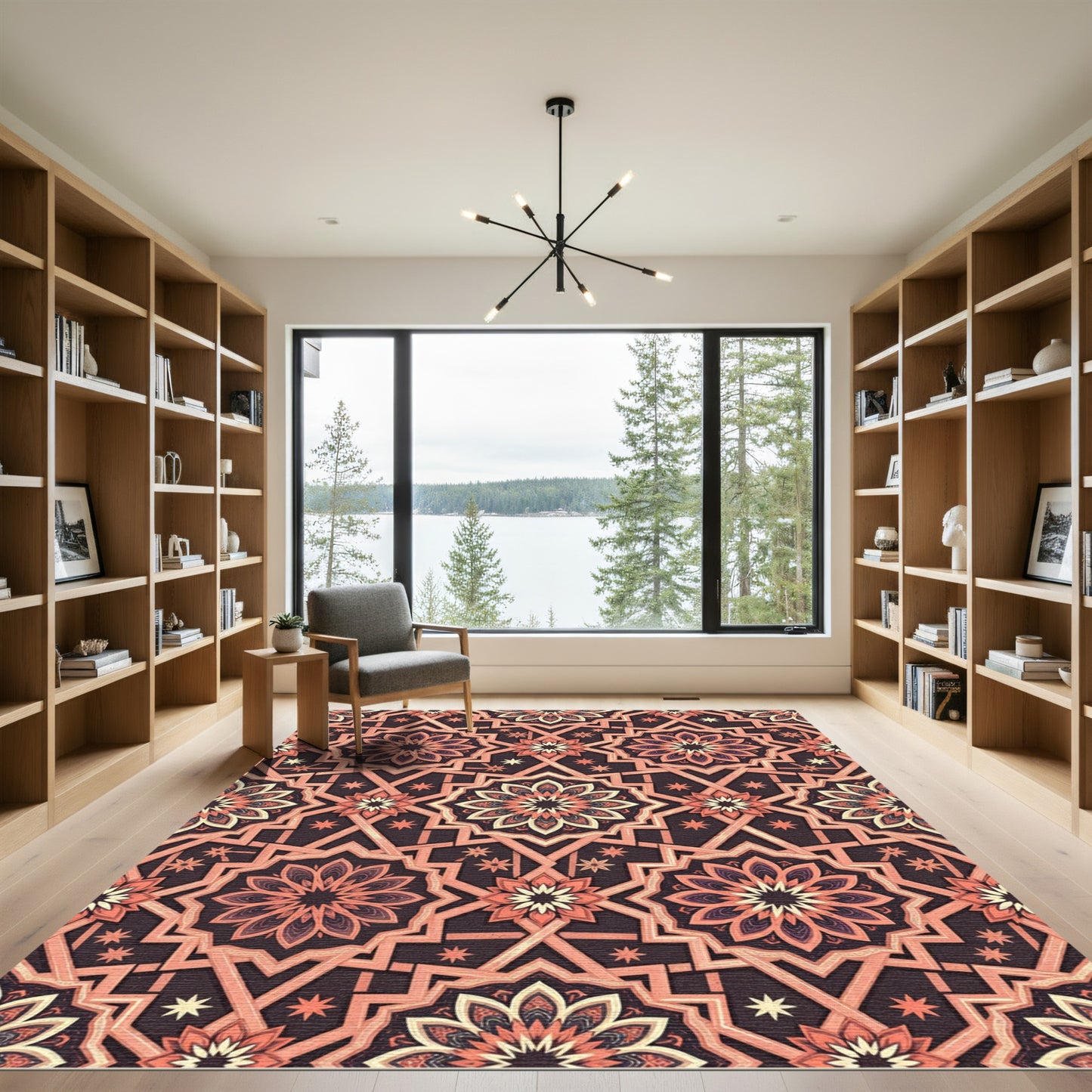 Coral Geometric Starburst Mandala Rug