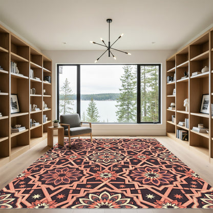 Coral Geometric Starburst Mandala Rug