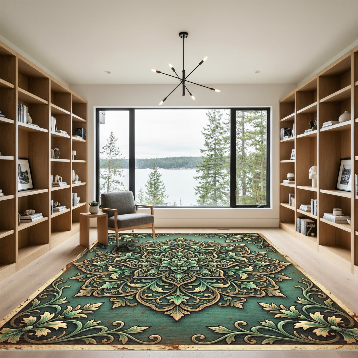 Intricate Sage Green Floral Medallion Rug