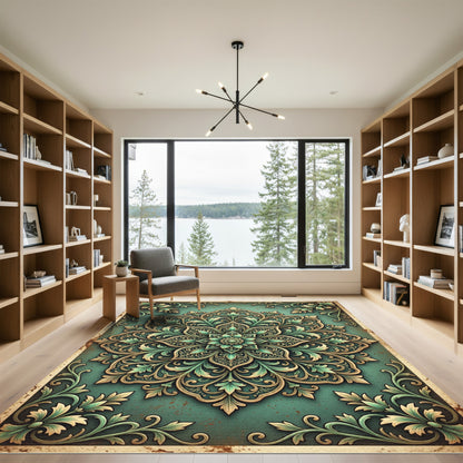 Intricate Sage Green Floral Medallion Rug