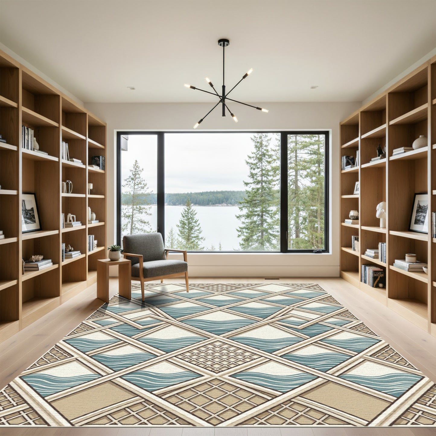Geometric Blue Wave Interlocking Grid Rug