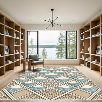 Geometric Blue Wave Interlocking Grid Rug