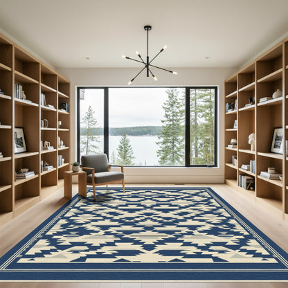 Navy Beige Geometric Tribal Rug