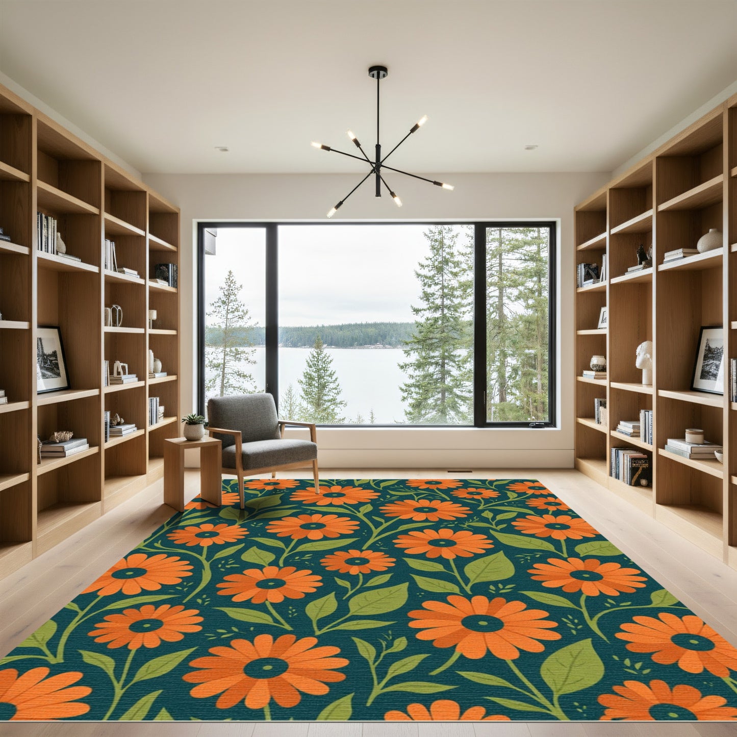 Vibrant Orange Floral Garden Teal Rug