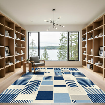 Navy Blue Geometric Block Stripe Rug