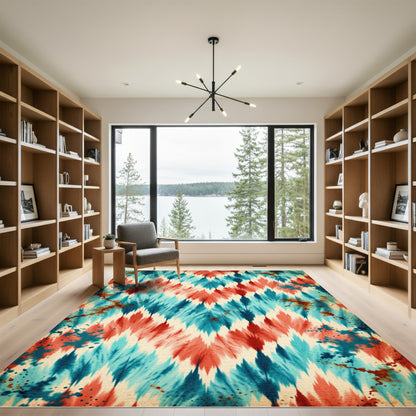 Red and Teal Ikat Zigzag Rug
