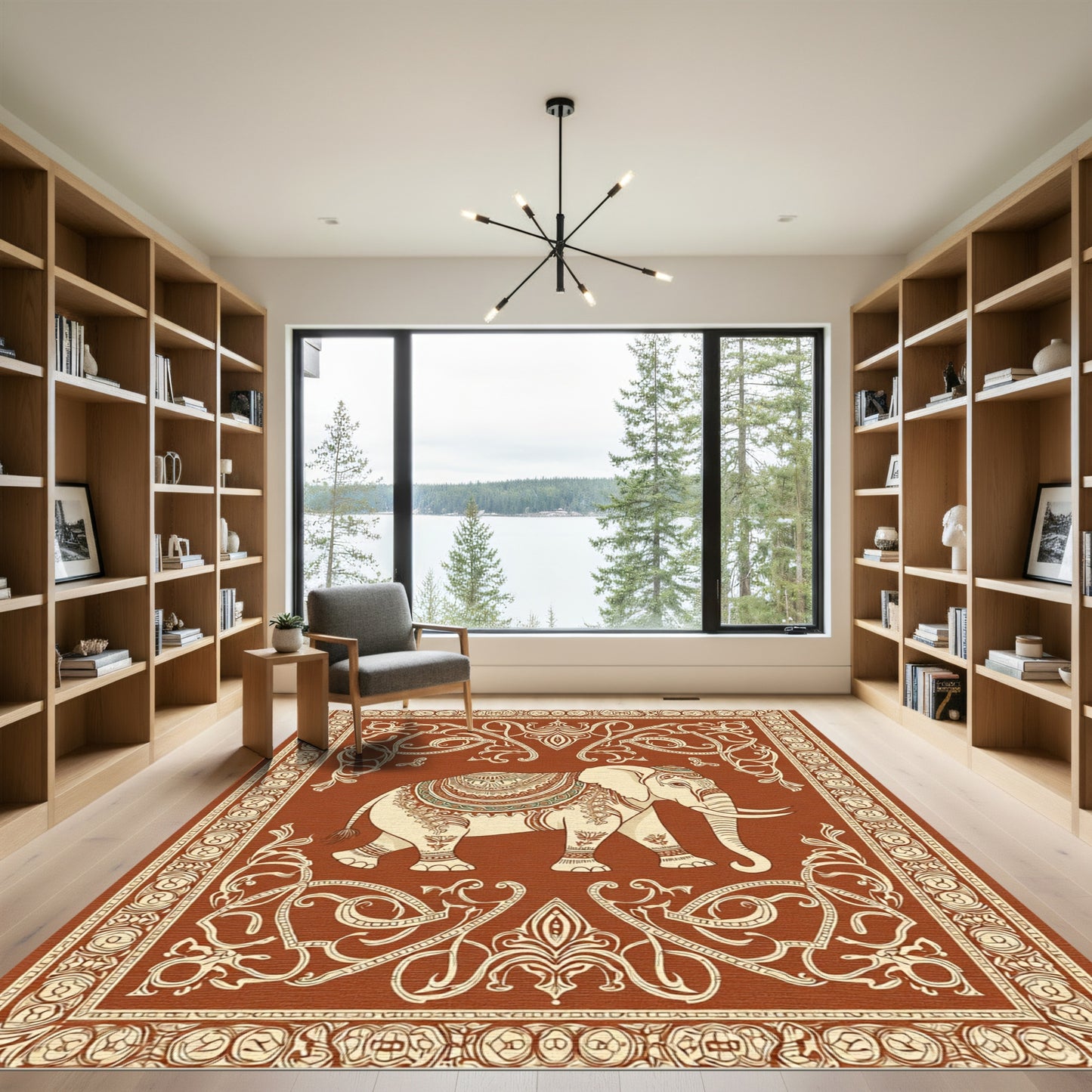 Ornate Elephant Brown Ivory Border Rug