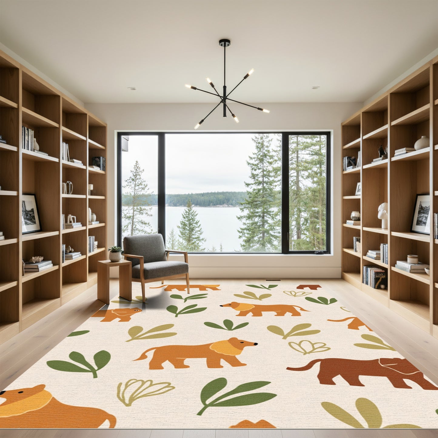 Earthy Orange Lions with Green Foliage Rug
