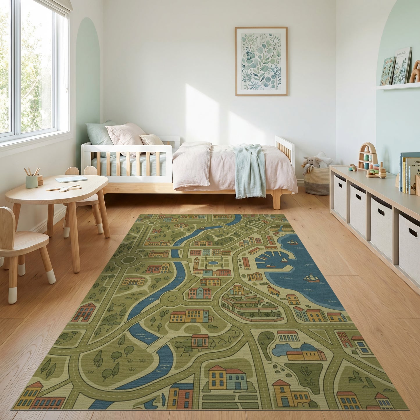 Whimsical Riverside Harbor Town Rug