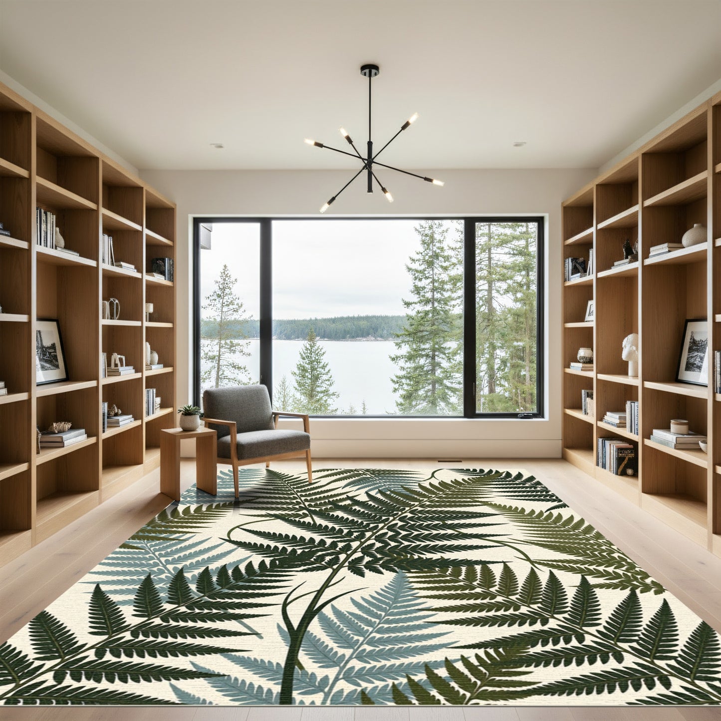Dark Green Fern Foliage Pattern Rug