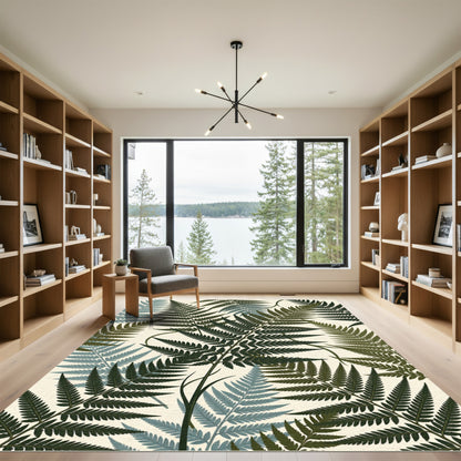 Dark Green Fern Foliage Pattern Rug