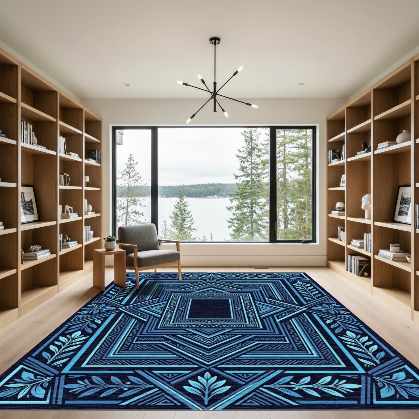 Deep Aqua Geometric Medallion Foliage Rug