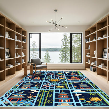 Blue Pagoda Blossom Bamboo Garden Rug